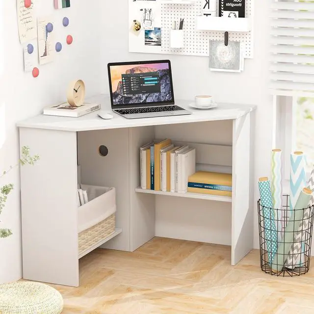Alt view image 3 of 7 - Tangkula White Corner Desk - 90 Degrees Triangle for Computer, Small Space, Bedroom, Makeup Vanity Desk with Storage Shelves & CPU Stand, Space Saving Writing Desk