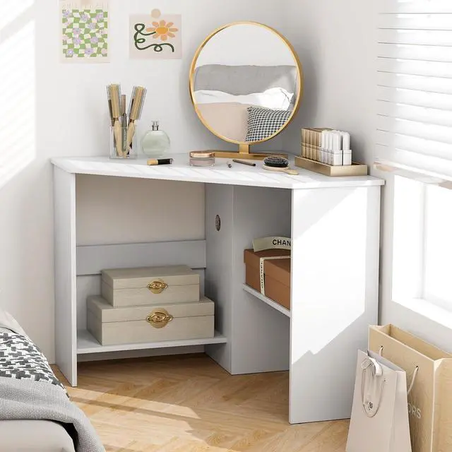 Alt view image 4 of 7 - Tangkula White Corner Desk - 90 Degrees Triangle for Computer, Small Space, Bedroom, Makeup Vanity Desk with Storage Shelves & CPU Stand, Space Saving Writing Desk