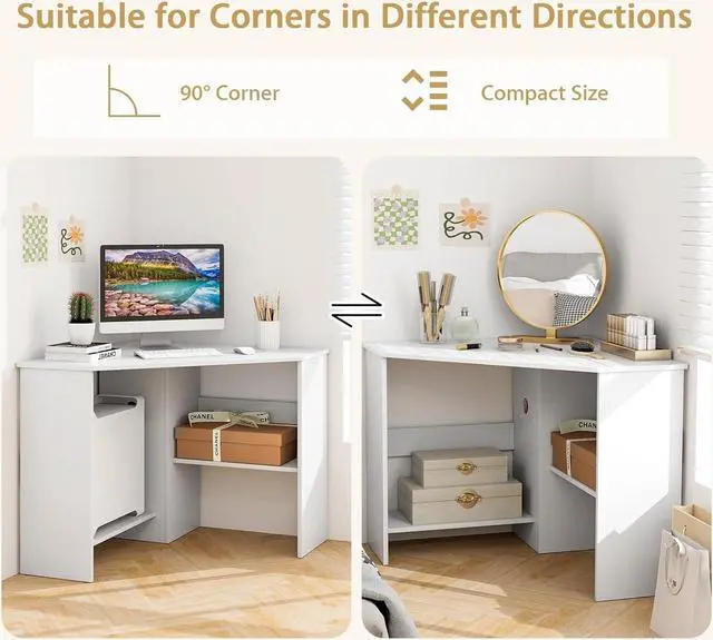 Alt view image 6 of 7 - Tangkula White Corner Desk - 90 Degrees Triangle for Computer, Small Space, Bedroom, Makeup Vanity Desk with Storage Shelves & CPU Stand, Space Saving Writing Desk