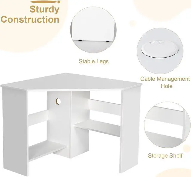 Alt view image 7 of 7 - Tangkula White Corner Desk - 90 Degrees Triangle for Computer, Small Space, Bedroom, Makeup Vanity Desk with Storage Shelves & CPU Stand, Space Saving Writing Desk