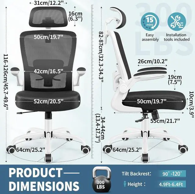 Alt view image 3 of 7 - FelixKing Ergonomic Office Chair, Headrest Desk Chair with Adjustable Lumbar Support, Home Office Swivel Task Chair with High Back and Armrest, Adjustable Height Gaming Chair (White)