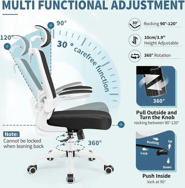 Alt view image 6 of 7 - FelixKing Ergonomic Office Chair, Headrest Desk Chair with Adjustable Lumbar Support, Home Office Swivel Task Chair with High Back and Armrest, Adjustable Height Gaming Chair (White)