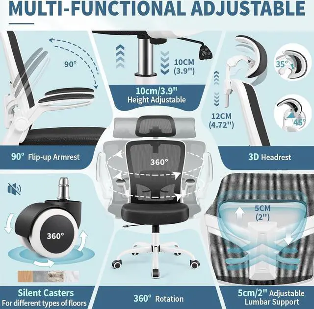 Alt view image 7 of 7 - FelixKing Ergonomic Office Chair, Headrest Desk Chair with Adjustable Lumbar Support, Home Office Swivel Task Chair with High Back and Armrest, Adjustable Height Gaming Chair (White)