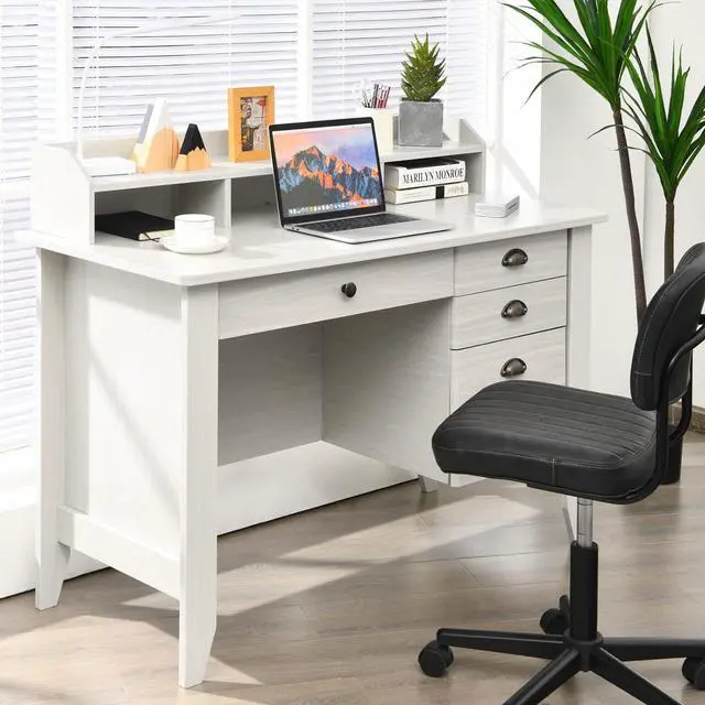 Alt view image 2 of 7 - Tangkula White Desk with 4 Storage Drawers & Hutch, Home Office Computer Vintage Desk, Writing Study Table with Storage Shelves, Wooden Executive Desk (White)
