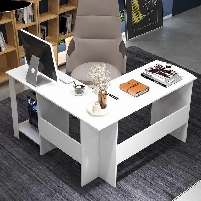 Alt view image 4 of 7 - Tangkula White L Shaped Desk with Storage Shelves, Wooden Corner Computer Desk, Space-Saving Home Office Workstation, Gaming Desk, Writing Study Desk, L Shaped Office Desk