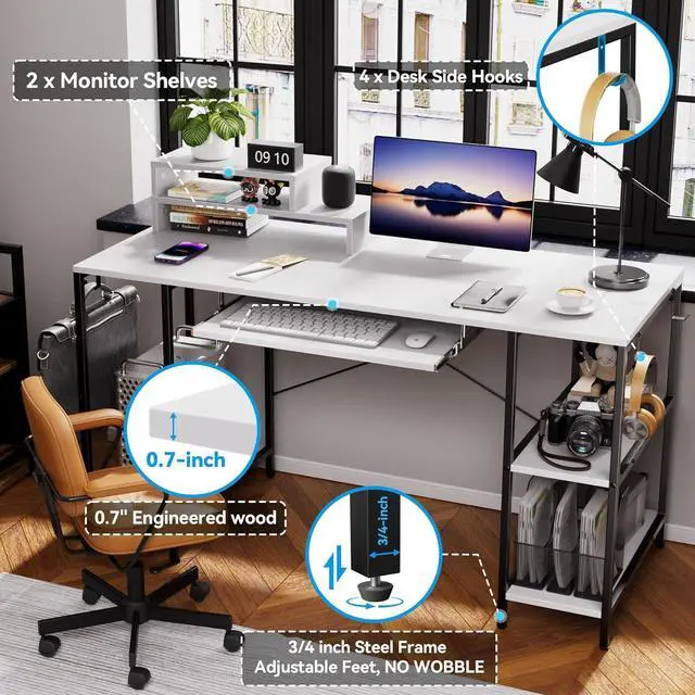 Alt view image 4 of 6 - Computer Desk with Keyboard Tray, 55 Inch Music Studio Desk Music Production Desk with Storage Shelves Monitor Stands and 4 Iron Hooks, Desk Workstation Gaming Table for Home Office