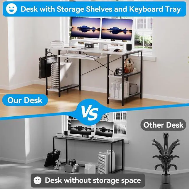 Alt view image 5 of 6 - Computer Desk with Keyboard Tray, 55 Inch Music Studio Desk Music Production Desk with Storage Shelves Monitor Stands and 4 Iron Hooks, Desk Workstation Gaming Table for Home Office