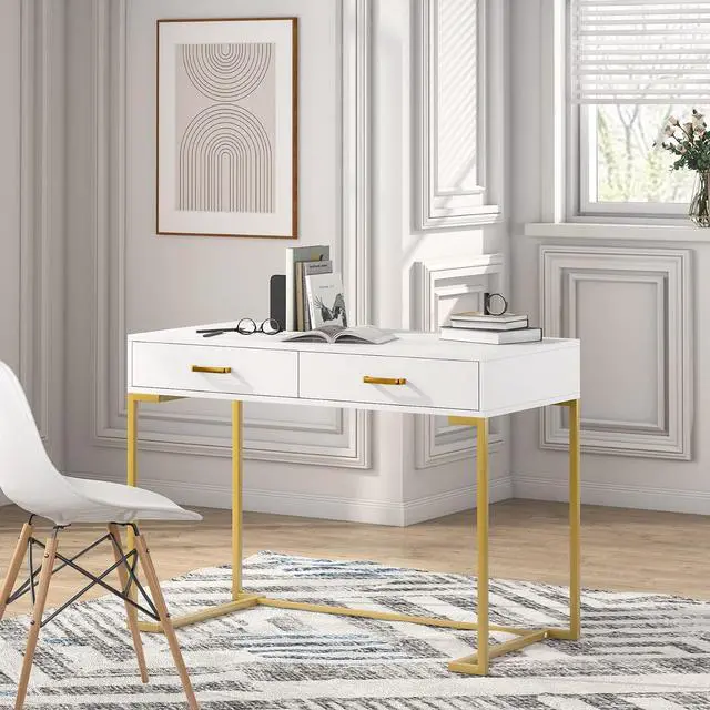 Alt view image 2 of 7 - Tribesigns 40 Inch Computer Desk, White and Gold Desk with 2 Drawers, Modern Simple Home Office Desk, Gold Writing Desk Study Table for Bedroom, Modern Makeup Vanity Desk for Small Spaces
