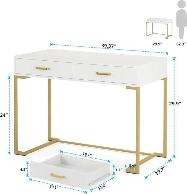 Alt view image 3 of 7 - Tribesigns 40 Inch Computer Desk, White and Gold Desk with 2 Drawers, Modern Simple Home Office Desk, Gold Writing Desk Study Table for Bedroom, Modern Makeup Vanity Desk for Small Spaces