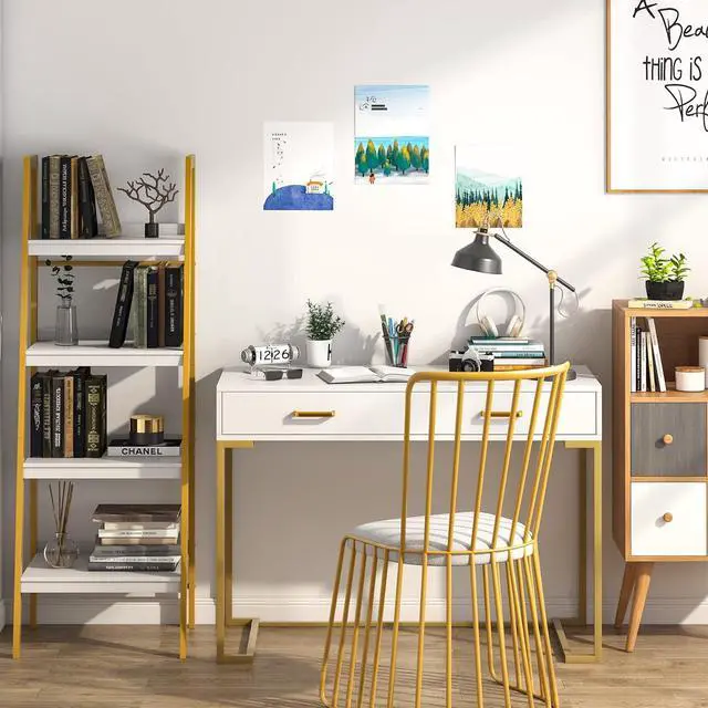 Alt view image 4 of 7 - Tribesigns 40 Inch Computer Desk, White and Gold Desk with 2 Drawers, Modern Simple Home Office Desk, Gold Writing Desk Study Table for Bedroom, Modern Makeup Vanity Desk for Small Spaces