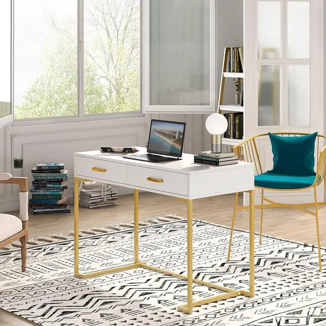Alt view image 6 of 7 - Tribesigns 40 Inch Computer Desk, White and Gold Desk with 2 Drawers, Modern Simple Home Office Desk, Gold Writing Desk Study Table for Bedroom, Modern Makeup Vanity Desk for Small Spaces
