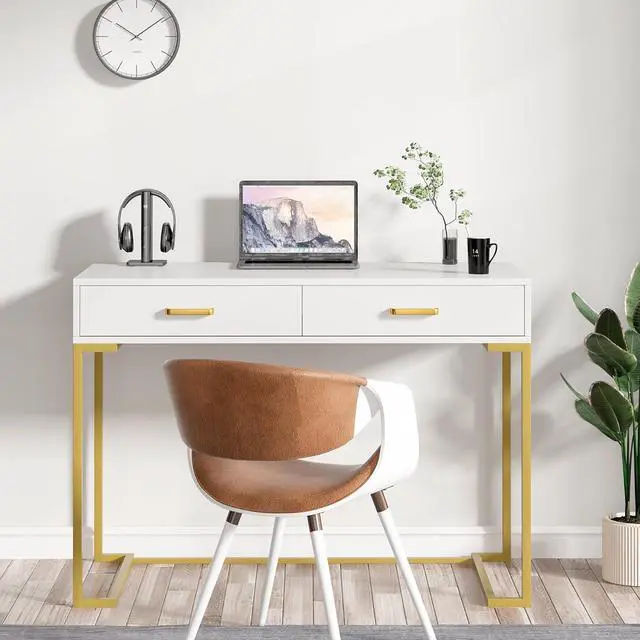Alt view image 7 of 7 - Tribesigns 40 Inch Computer Desk, White and Gold Desk with 2 Drawers, Modern Simple Home Office Desk, Gold Writing Desk Study Table for Bedroom, Modern Makeup Vanity Desk for Small Spaces