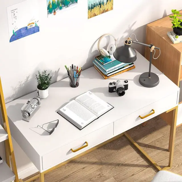 Alt view image 5 of 7 - Tribesigns 40 Inch Computer Desk, White and Gold Desk with 2 Drawers, Modern Simple Home Office Desk, Gold Writing Desk Study Table for Bedroom, Modern Makeup Vanity Desk for Small Spaces