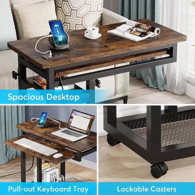 Alt view image 7 of 7 - Tribesigns Small Portable Desk with Power Outlet, Height Adjustable Sofa Couch Bedside Laptop Table with Wheels, Mobile Standing Desk Rolling Computer Cart C Side Table with USB Ports