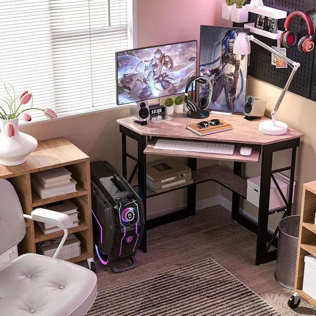 Alt view image 5 of 7 - VECELO Corner Desk Computer Desk Writing Table with Smooth Keyboard Tray & Storage Shelves,Compact Home Office Triangle Table,Rustic Brown
