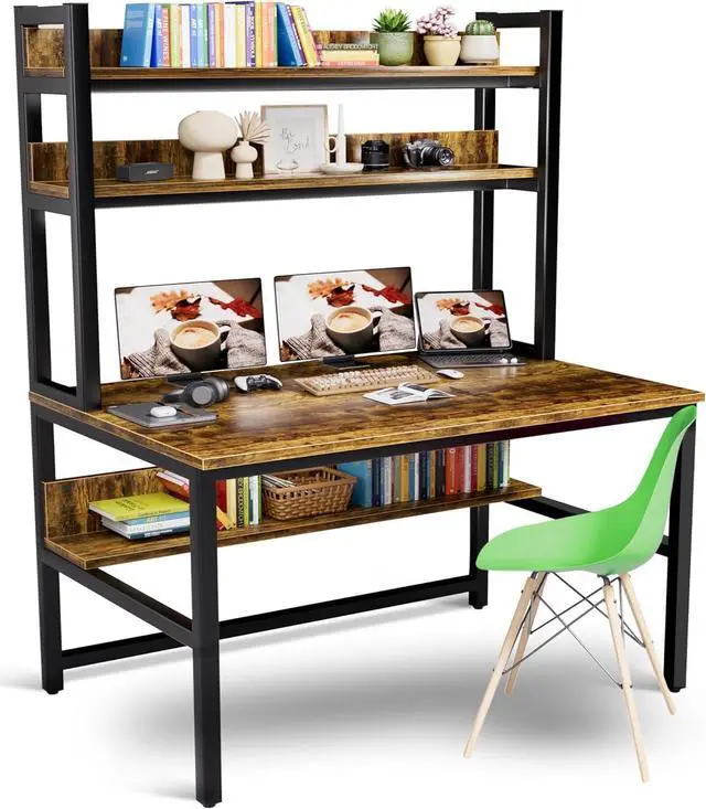 Main image of Aquzee Computer Desk with Hutch Bookshelves, 55 Inch Home Office Writing Desk with Space Saving Design, Gaming Table Organized Desk with Storage Shelves Bookshelf Easy Assemble, Rustic Brown