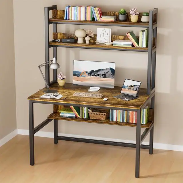Alt view image 2 of 7 - Aquzee Computer Desk with Hutch Bookshelves, 55 Inch Home Office Writing Desk with Space Saving Design, Gaming Table Organized Desk with Storage Shelves Bookshelf Easy Assemble, Rustic Brown