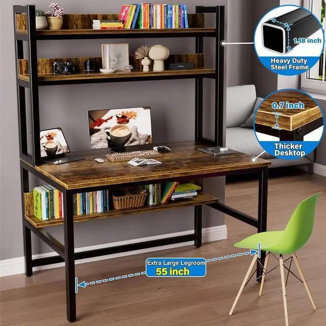 Alt view image 4 of 7 - Aquzee Computer Desk with Hutch Bookshelves, 55 Inch Home Office Writing Desk with Space Saving Design, Gaming Table Organized Desk with Storage Shelves Bookshelf Easy Assemble, Rustic Brown