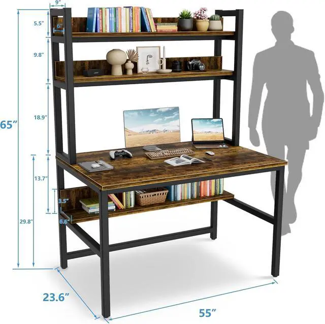 Alt view image 3 of 7 - Aquzee Computer Desk with Hutch Bookshelves, 55 Inch Home Office Writing Desk with Space Saving Design, Gaming Table Organized Desk with Storage Shelves Bookshelf Easy Assemble, Rustic Brown