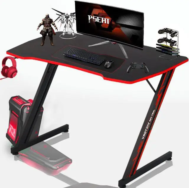 Main image of 39 Inch Gaming Desk Z-Shaped Computer Gaming Workstation with Headset Hook Home Office Desk, Ergonomic Small Gaming Table and Small Desk with Footbed, MDF Desktop and Metal Frame, Red