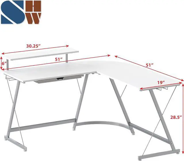 Alt view image 3 of 7 - SHW 51 x 51 Inches Vista L-Shaped Desk with Monitor Stand and Drawer, White