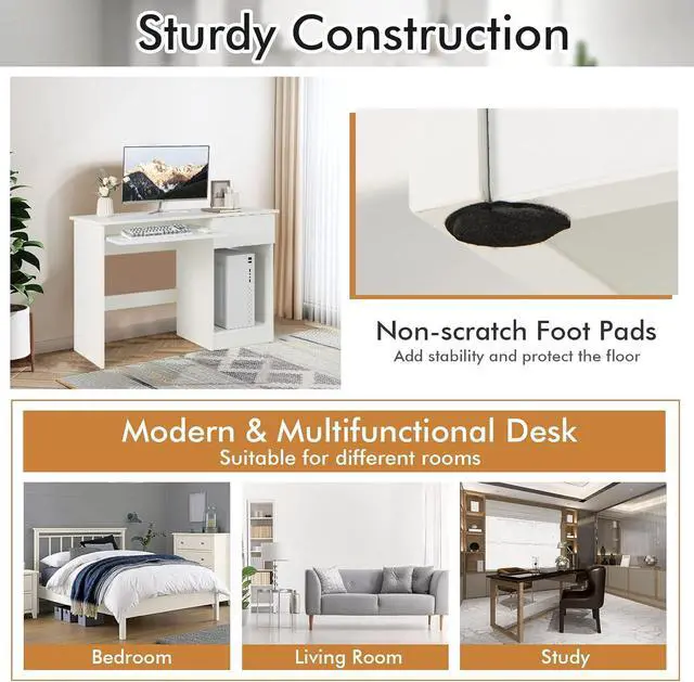 Alt view image 7 of 7 - Tangkula White Desk with Drawer, Wooden Computer Desk with Pull-Out Keyboard Tray & Adjustable Storage Shelves, Modern Laptop PC Desk with CPU Stand, Writing Study Desk for Bedroom (White)