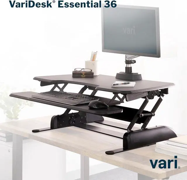Alt view image 3 of 6 - - Desk Essential 36 - Two-Tier Standing Desk Converter for Monitor & Accessories - Height Adjustable Sit Stand Desk - Fully Assembled Monitor Riser for Home Office - 36" Wide, Black
