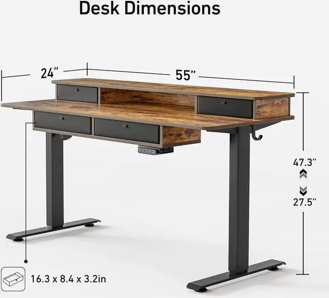 Alt view image 3 of 7 - FEZIBO 55 x 24 Electric Standing Desk Adjustable Height with 4 Drawers, Sit Stand Desk with Storage Shelf, Rising Desk with Splice Board, Black Frame/Rustic Brown Top, 55 inch