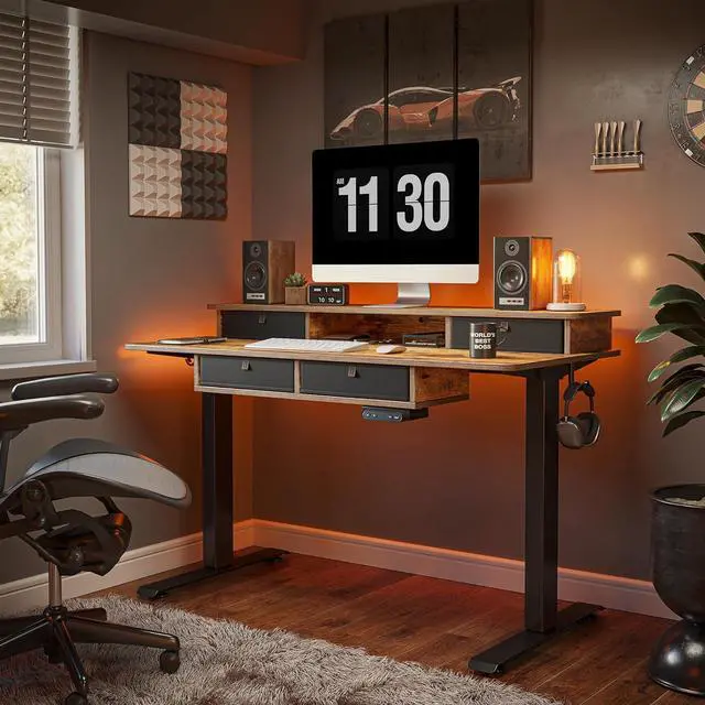 Alt view image 2 of 7 - FEZIBO 55 x 24 Electric Standing Desk Adjustable Height with 4 Drawers, Sit Stand Desk with Storage Shelf, Rising Desk with Splice Board, Black Frame/Rustic Brown Top, 55 inch