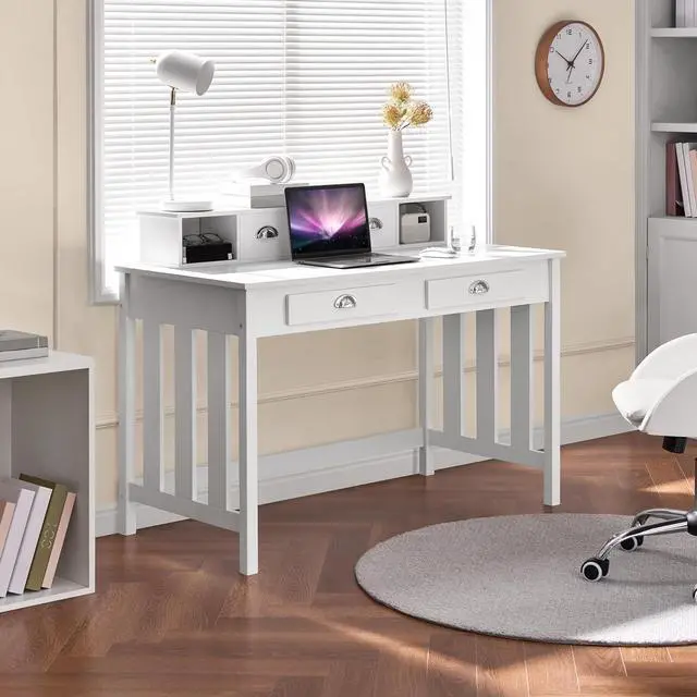 Alt view image 2 of 7 - Yaheetech 47 Inch Large Computer Desk, White Home Office Workstation with 4 Storage Drawers, Modern PC Work Table 23 Deep with Monitor Stand for Screen, Wood Stable Executive Table with Large Desktop