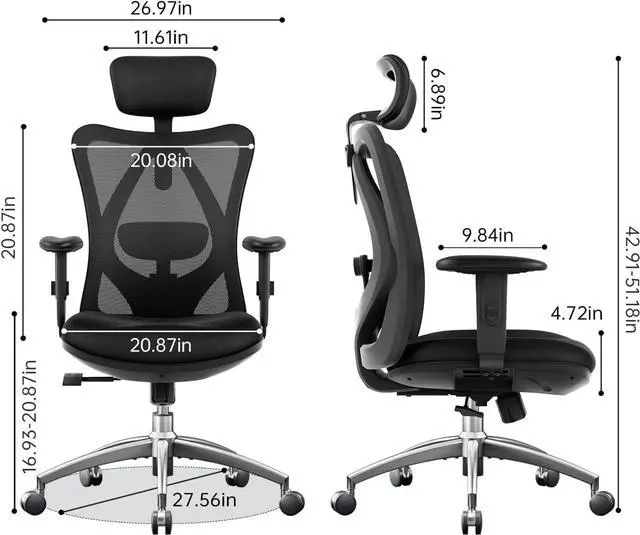 Alt view image 3 of 7 - SIHOO M18 Ergonomic Office Chair for Big and Tall People Adjustable Headrest with 2D Armrest Lumbar Support and PU Wheels Swivel Tilt Function Black