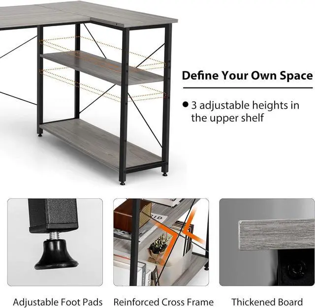 Alt view image 7 of 7 - Tangkula L-Shaped Computer Desk with Reversible Shelves, 48 Inch Corner Computer Desk, Modern Writing Study Desk Home Office Workstation, Space Saving Design (48 Inch, Gray)