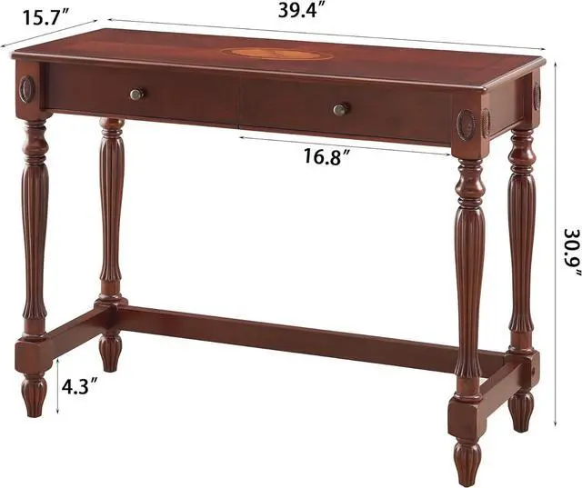 Alt view image 3 of 7 - MODERION Solid Wood Home Office Desk with 2 Drawers, Traditional Computer Table, Small Home Writing Desk, Corner Table, Easy Assembly 39.37 x 15.74 x 30.9 Cherry Red Walnut SSZ1533WD