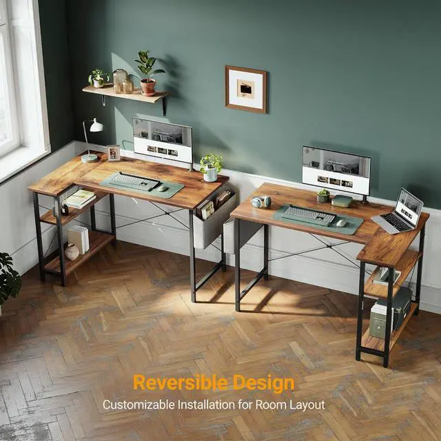 Alt view image 4 of 7 - Cubiker L Shaped Desk, 55" Computer Desk with Reversible Storage Shelves Home Office Corner Desk Study Writing Gaming Table, Deep Brown