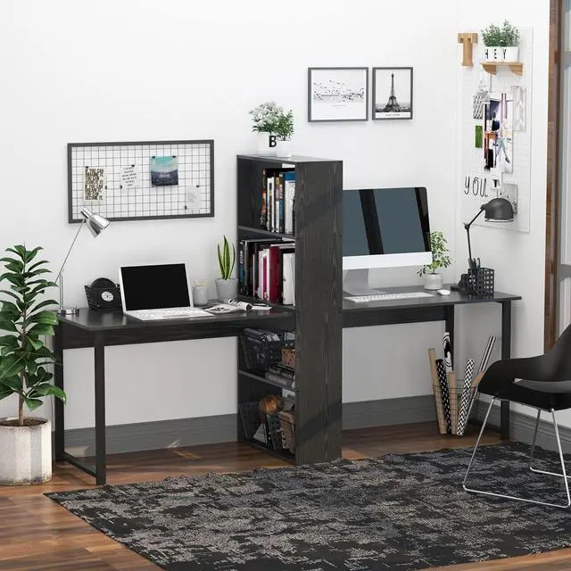 Alt view image 2 of 7 - HOMCOM 88" Extra Long 2-Person Computer Desk with Storage Shelves Combo, Double Workstation Storage Study Writing Table for Home Office, Bookshelf, Black