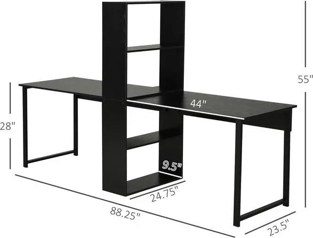 Alt view image 3 of 7 - HOMCOM 88" Extra Long 2-Person Computer Desk with Storage Shelves Combo, Double Workstation Storage Study Writing Table for Home Office, Bookshelf, Black