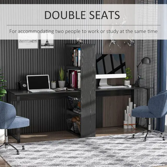 Alt view image 4 of 7 - HOMCOM 88" Extra Long 2-Person Computer Desk with Storage Shelves Combo, Double Workstation Storage Study Writing Table for Home Office, Bookshelf, Black