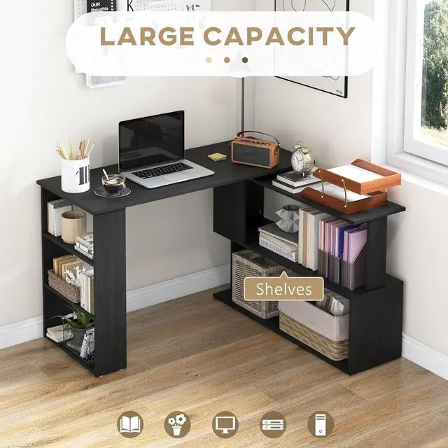 Alt view image 4 of 7 - HOMCOM L Shaped Desk, Corner Computer Desk, 360 Degree Rotating Home Office Desk with Storage Shelves, Writing Table Workstation, Black