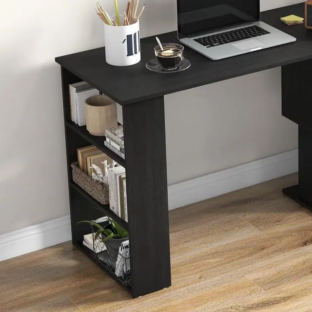 Alt view image 6 of 7 - HOMCOM L Shaped Desk, Corner Computer Desk, 360 Degree Rotating Home Office Desk with Storage Shelves, Writing Table Workstation, Black