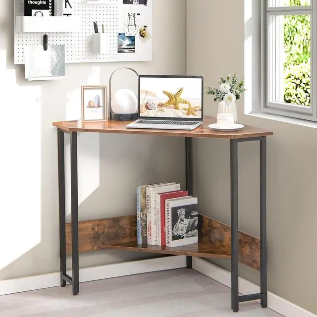 Alt view image 2 of 7 - Tangkula Corner Desk with Power Outlet & USB Ports, Triangle Computer Desk with Charging Station, Storage Shelf, Space Saving Writing Desk, Vanity Table, Corner Desk for Small Space (Rustic Brown)