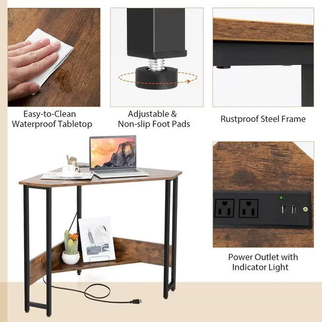 Alt view image 7 of 7 - Tangkula Corner Desk with Power Outlet & USB Ports, Triangle Computer Desk with Charging Station, Storage Shelf, Space Saving Writing Desk, Vanity Table, Corner Desk for Small Space (Rustic Brown)
