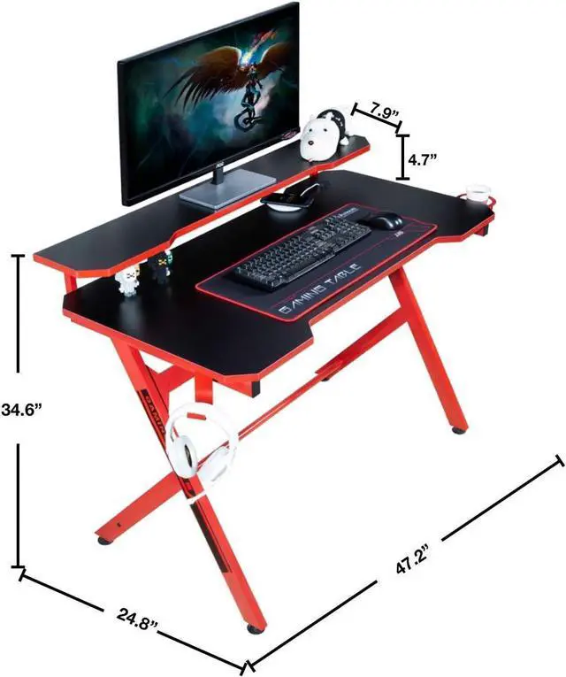 Alt view image 3 of 7 - JJS 48" Home Office Gaming Computer Desk with Removable Monitor Stand, R Shaped Large Gamer Workstation PC Table with Cup Holder Headphone Hook Speaker Storage Free Mouse pad, Black/Red