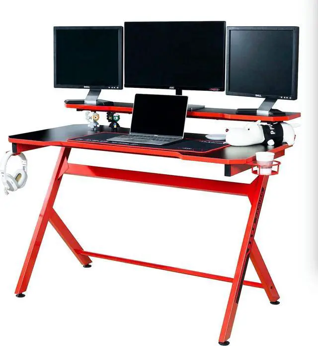 Alt view image 4 of 7 - JJS 48" Home Office Gaming Computer Desk with Removable Monitor Stand, R Shaped Large Gamer Workstation PC Table with Cup Holder Headphone Hook Speaker Storage Free Mouse pad, Black/Red