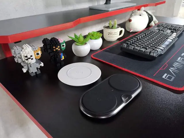 Alt view image 5 of 7 - JJS 48" Home Office Gaming Computer Desk with Removable Monitor Stand, R Shaped Large Gamer Workstation PC Table with Cup Holder Headphone Hook Speaker Storage Free Mouse pad, Black/Red