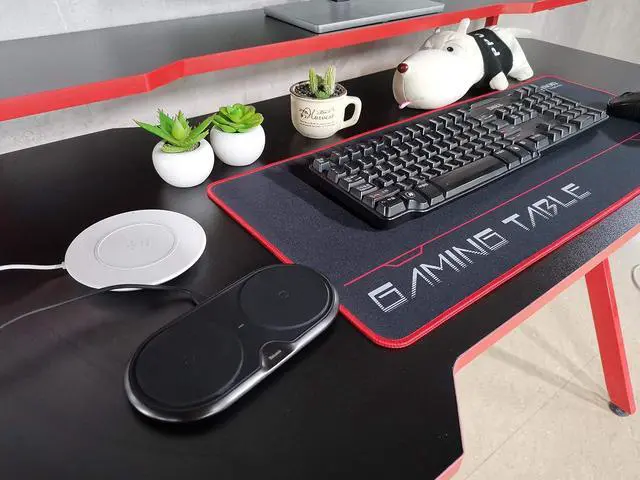 Alt view image 7 of 7 - JJS 48" Home Office Gaming Computer Desk with Removable Monitor Stand, R Shaped Large Gamer Workstation PC Table with Cup Holder Headphone Hook Speaker Storage Free Mouse pad, Black/Red