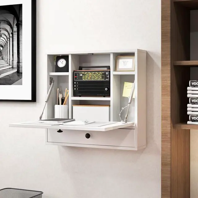 Alt view image 2 of 7 - Folding Wall Desk, Wood Wall Mounted Desk with Storage Drawer and Shelves, Fold Down Wall Mount Laptop Desk, Corner Floating Desk for Small Spaces (White)