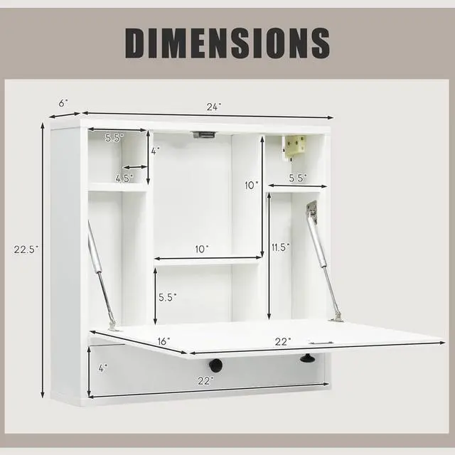 Alt view image 3 of 7 - Folding Wall Desk, Wood Wall Mounted Desk with Storage Drawer and Shelves, Fold Down Wall Mount Laptop Desk, Corner Floating Desk for Small Spaces (White)