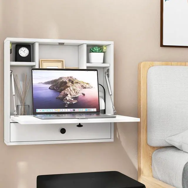 Alt view image 4 of 7 - Folding Wall Desk, Wood Wall Mounted Desk with Storage Drawer and Shelves, Fold Down Wall Mount Laptop Desk, Corner Floating Desk for Small Spaces (White)