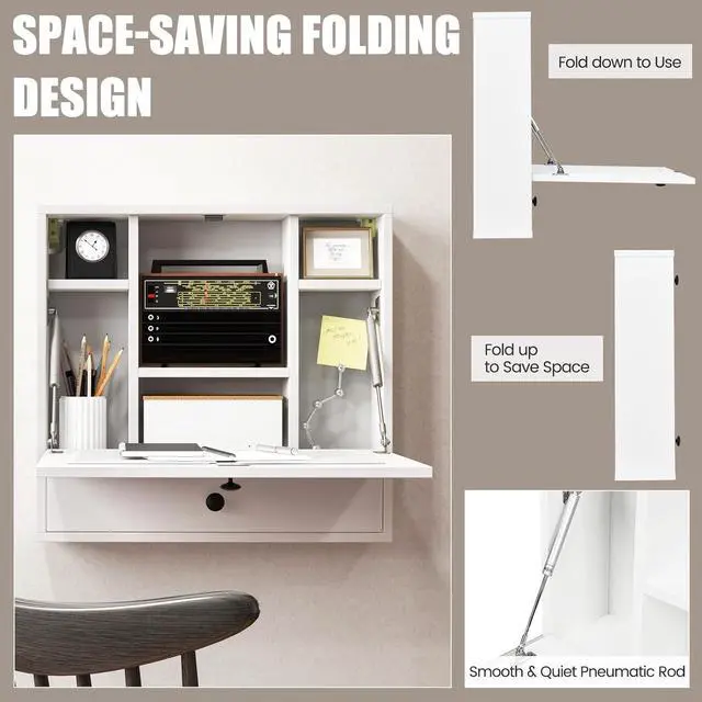 Alt view image 5 of 7 - Folding Wall Desk, Wood Wall Mounted Desk with Storage Drawer and Shelves, Fold Down Wall Mount Laptop Desk, Corner Floating Desk for Small Spaces (White)