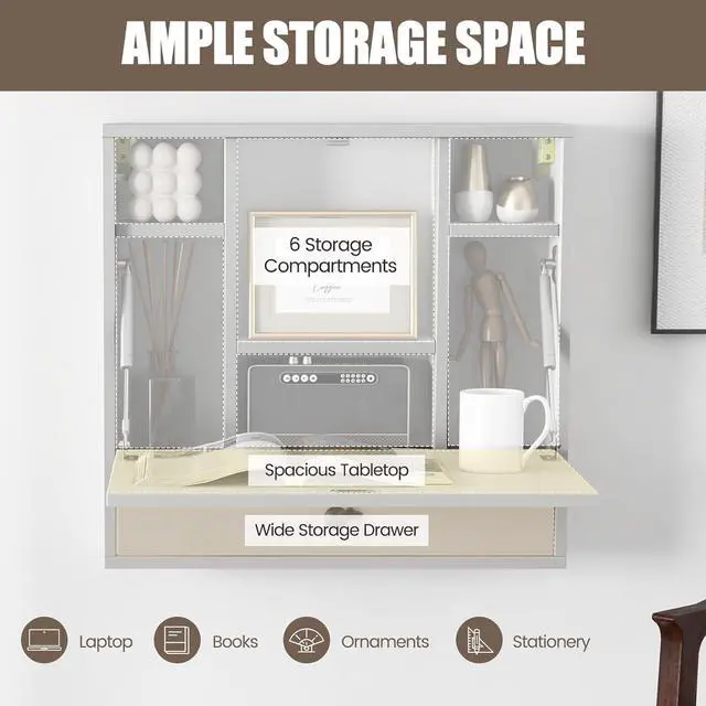 Alt view image 6 of 7 - Folding Wall Desk, Wood Wall Mounted Desk with Storage Drawer and Shelves, Fold Down Wall Mount Laptop Desk, Corner Floating Desk for Small Spaces (White)